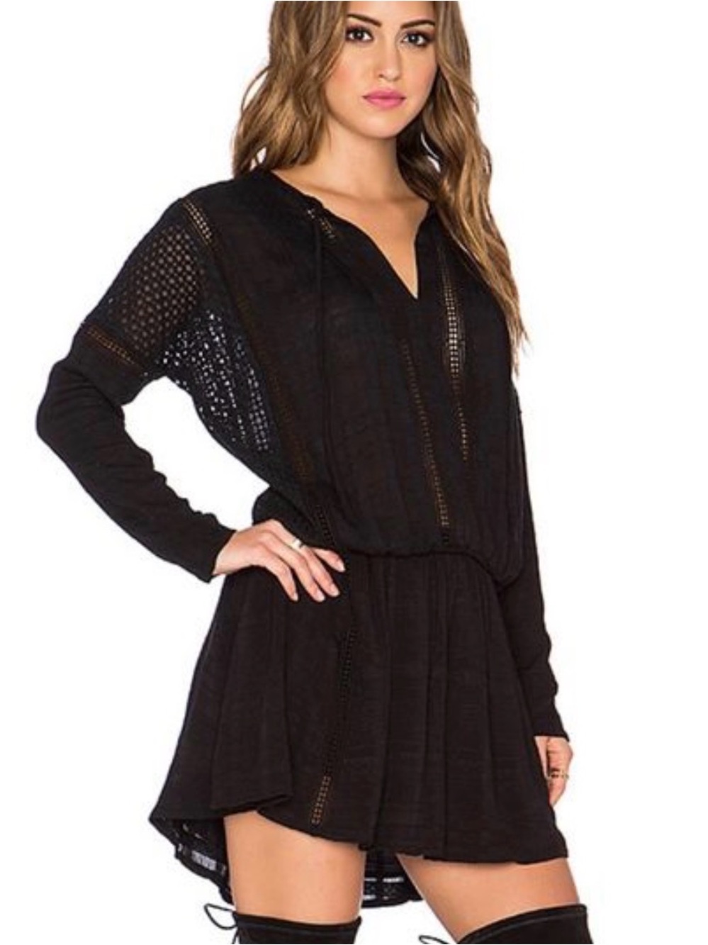 Free People Black Mini Dress with Crochet Trim - Picture 2 of 6